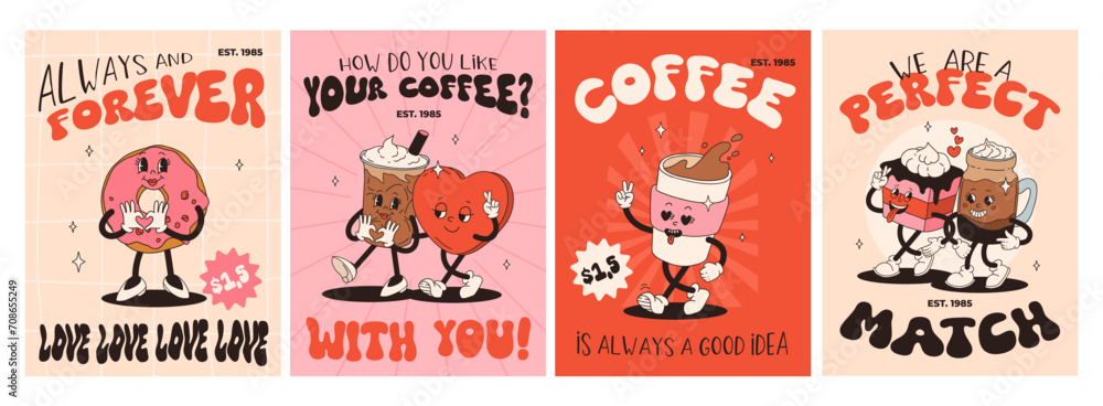 Fototapeta premium Valentine's Day set of funny vintage characters. Happy and cheerful retro. Old animation 60s 70s, groovy cartoon characters of coffee and sweets, donut, cupcake, espresso, latte, cocoa, cake. present.