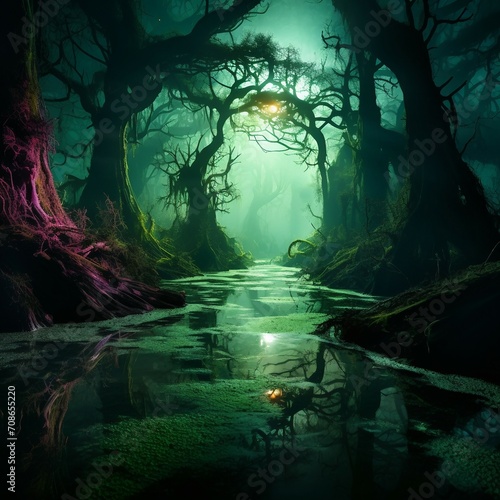 a stream running through a lush green forest © Thuan