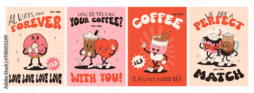 Valentine's Day set of funny vintage characters. Happy and cheerful retro. Old animation 60s 70s, groovy cartoon characters of coffee and sweets, donut, cupcake, espresso, latte, cocoa, cake. present.