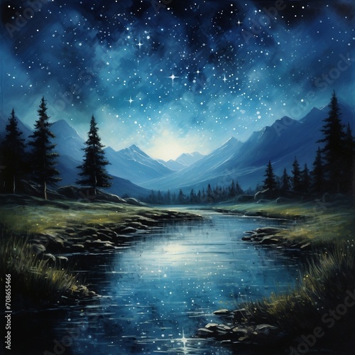a painting of a night scene with mountains and a river