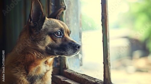 Cute small dog waiting by window, searching for ownerindoor pet with copy spacebright sunny image. photo