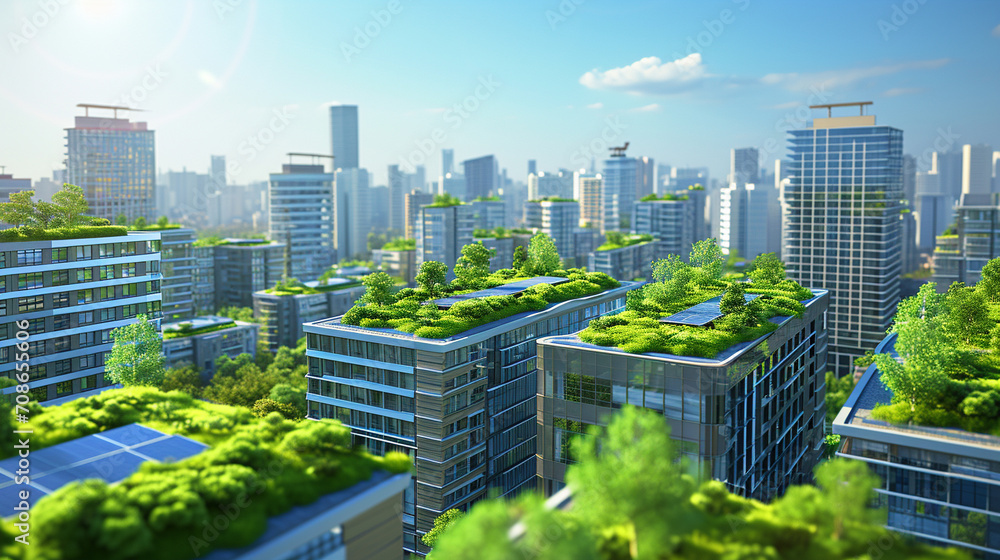 Green Roof and Solar Panels A cityscape view showcasing buildings with green roofs and solar panels, representing urban eco-solutions Suitable for architectural and urban planning - obrazy, fototapety, plakaty 