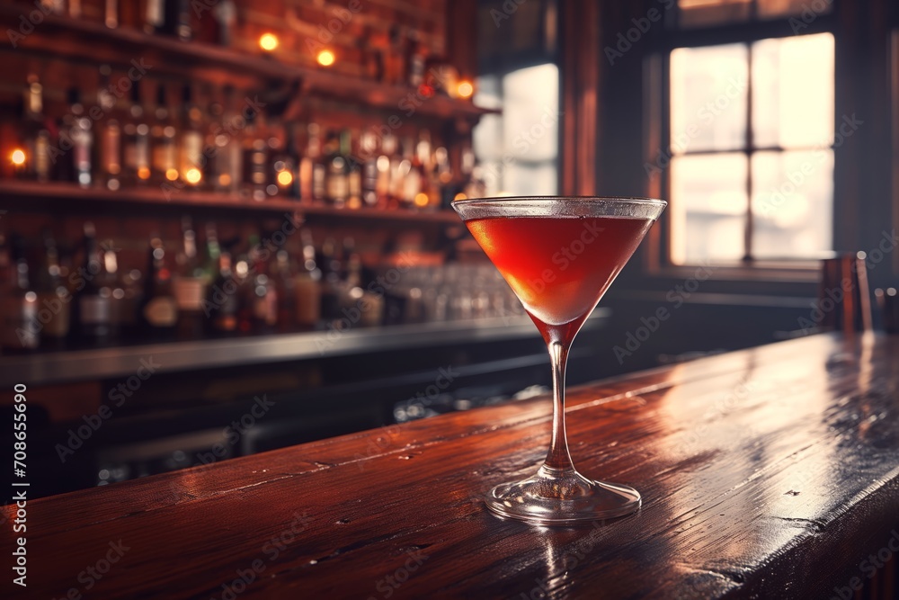 A glass of a Manhattan cocktail against the cozy backdrop of a bar with space for text