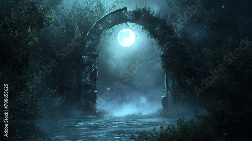 Gothic Archway Portal A gothic-style archway with a shimmering portal, set in a misty, moonlit garden Ideal for Gothic romance novel covers or Halloween event posters