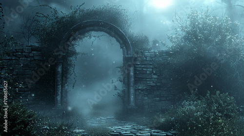 Gothic Archway Portal A gothic-style archway with a shimmering portal, set in a misty, moonlit garden Ideal for Gothic romance novel covers or Halloween event posters photo