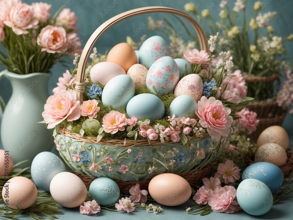 A delightful basket of Easter eggs, adorned in gentle pinks, blues, and pastel colors, evokes a sense of festive joy and springtime cheer. A delightful basket of Easter eggs, adorned in gentle pinks, blues, and pastel colors, evokes a sense of festive joy and springtime cheer.