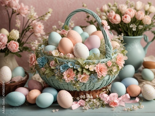 A delightful basket of Easter eggs, adorned in gentle pinks, blues, and pastel colors, evokes a sense of festive joy and springtime cheer.