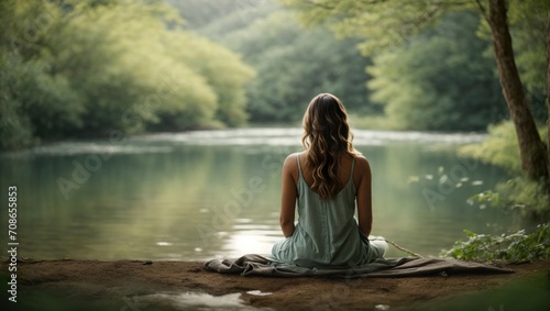 Young woman meditating amidst the lush embrace of nature, surrounded by the calming presence of a forest, foliage, and plants, manifesting tranquility and fostering a peaceful state of mind.