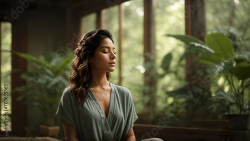 Young woman meditating amidst the lush embrace of nature, surrounded by the calming presence of a forest, foliage, and plants, manifesting tranquility and fostering a peaceful state of mind.