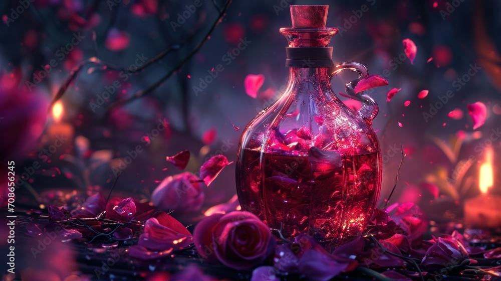 HeartShaped Love Potion Bottle on magic Background. A bewitching love