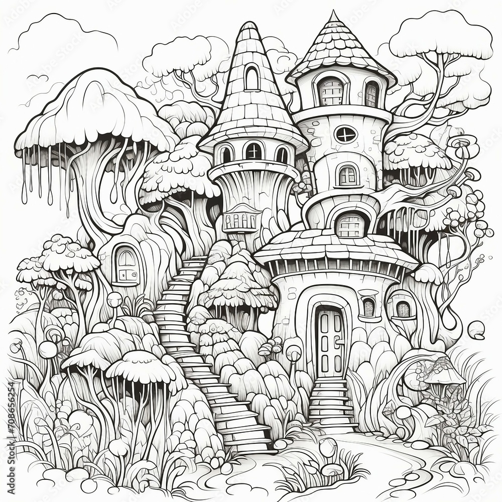 a drawing of a castle in the woods