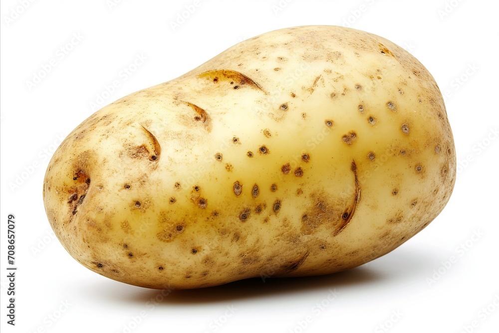 High quality image of fresh raw potato on white backdrop for ads, packaging, and labeling purposes High quality image of fresh raw potato on white backdrop for ads, packaging, and labeling purposes