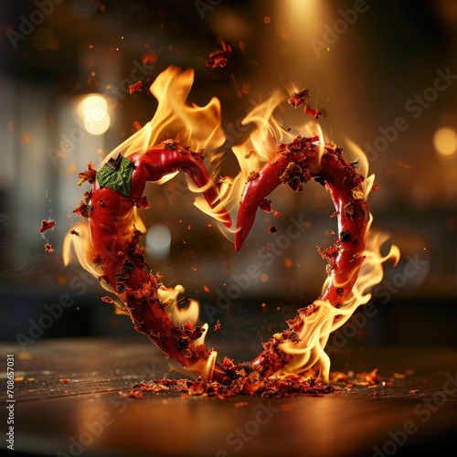Burning red hot chili peppers in the form of a heart on a dark background. Valentine's Day.