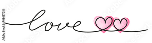 Text love hand written with one black line forming two hearts. Vector illustration.
