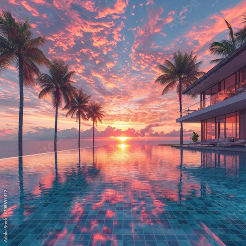 Swimming pool with palm trees at sunset, 3d render.