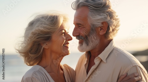 Seaside serenity: A happy senior couple shares a romantic moment on the beach