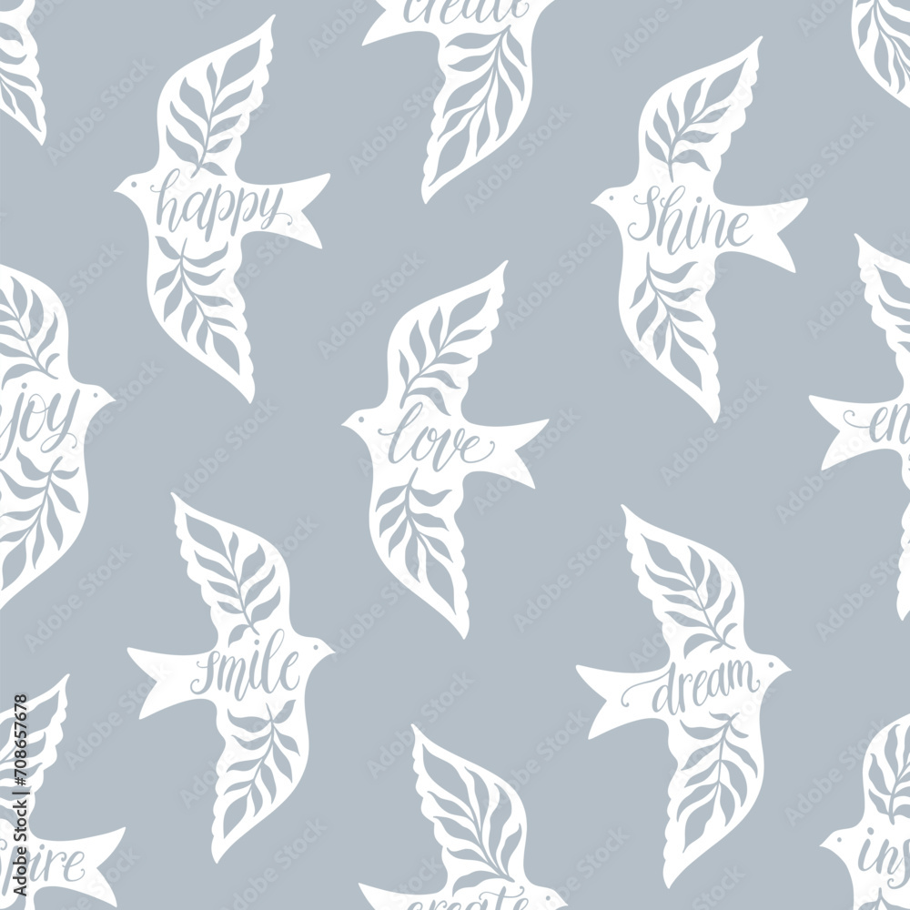 Fun birds inspirational words hand lettering seamless pattern. Decorative folk bird seamless texture Fun birds inspirational words hand lettering seamless pattern. Decorative folk bird seamless texture