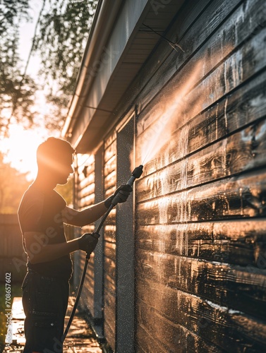 A white man using a rubber holding hose to pressure wash the exterior of a home. photo