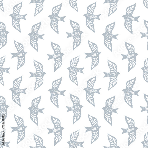 Fun birds inspirational words hand lettering seamless pattern. Decorative folk bird seamless texture