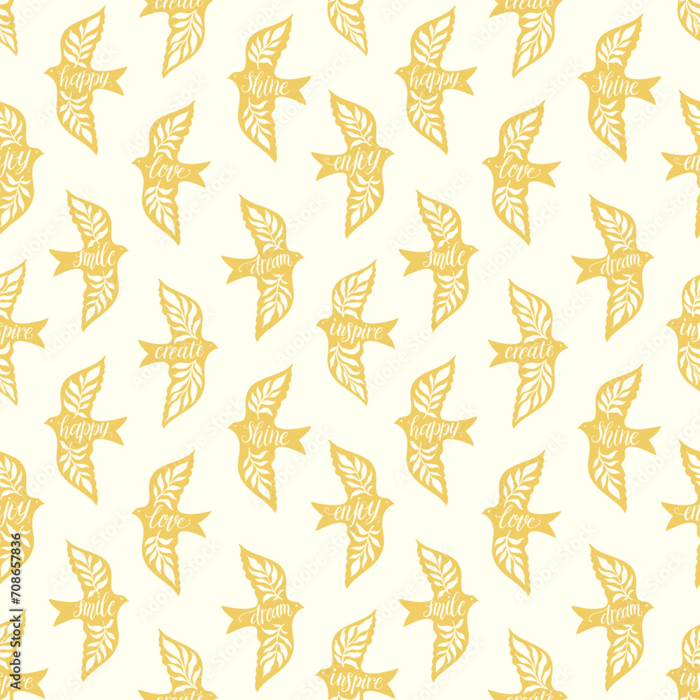 Fun birds inspirational words hand lettering seamless pattern. Decorative folk bird seamless texture Fun birds inspirational words hand lettering seamless pattern. Decorative folk bird seamless texture