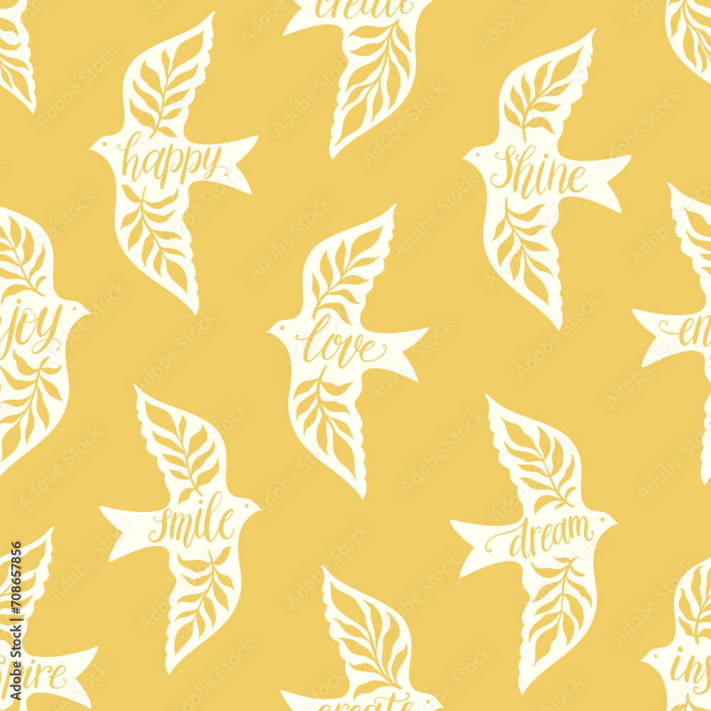 Fun birds inspirational words hand lettering seamless pattern. Decorative folk bird seamless texture Fun birds inspirational words hand lettering seamless pattern. Decorative folk bird seamless texture