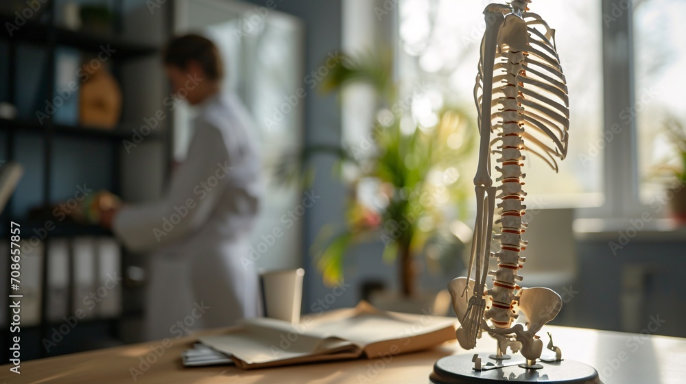 Spine model on desk in chiropractor's workspace. Male client receiving spinal assessment from physical therapist in blurred background. - obrazy, fototapety, plakaty 