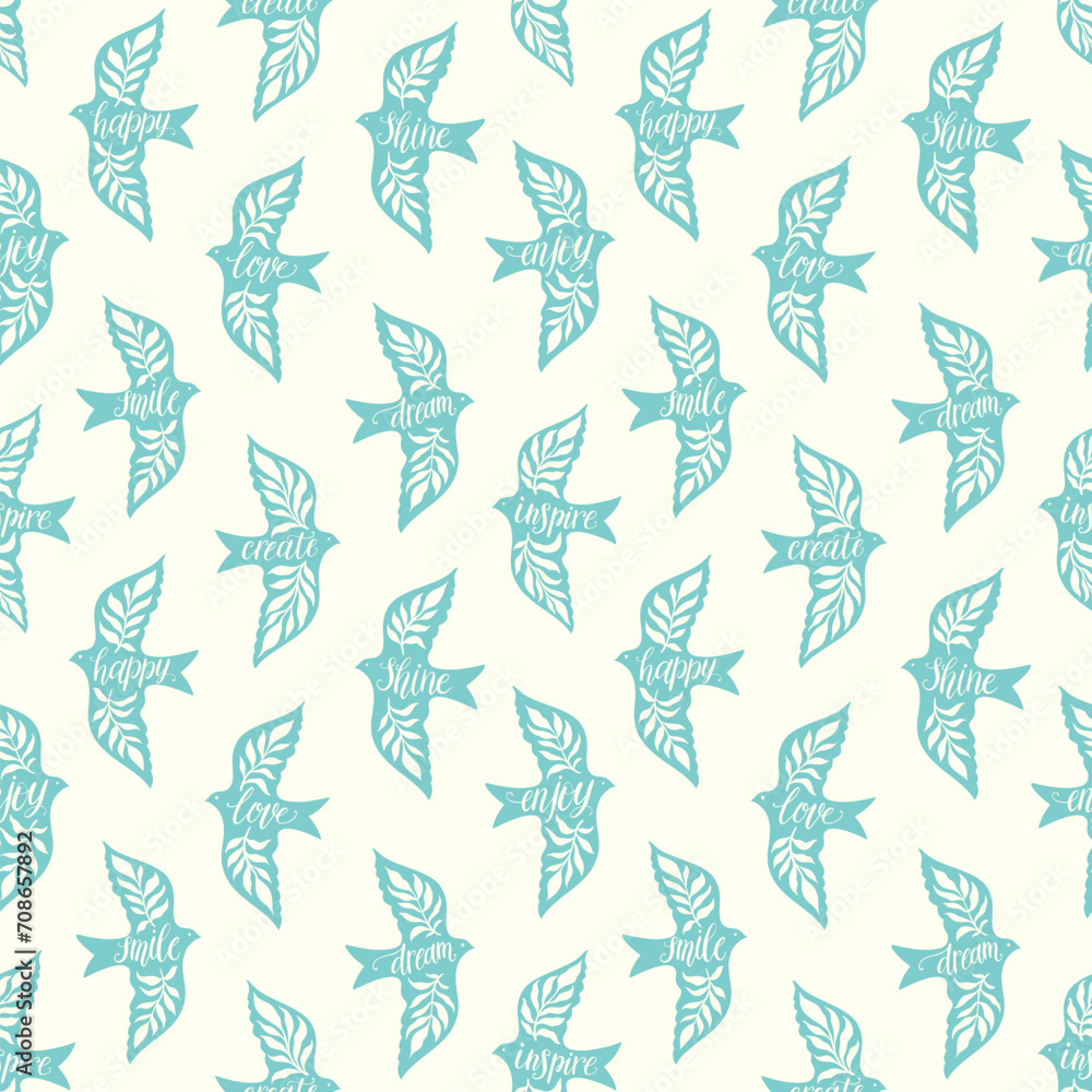 Fototapeta premium Fun birds inspirational words hand lettering seamless pattern. Decorative folk bird seamless texture