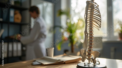 Spine model on desk in chiropractor's workspace. Male client receiving spinal assessment from physical therapist in blurred background. photo
