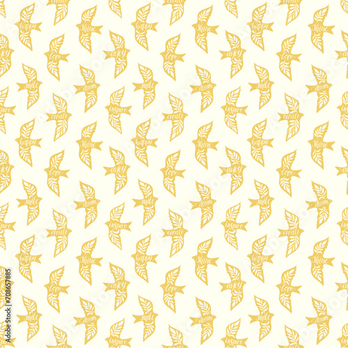 Fun birds inspirational words hand lettering seamless pattern. Decorative folk bird seamless texture