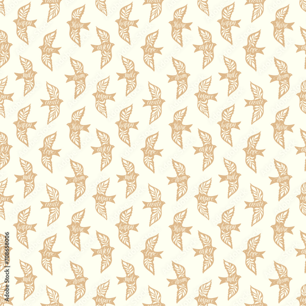 Fun birds inspirational words hand lettering seamless pattern. Decorative folk bird seamless texture Fun birds inspirational words hand lettering seamless pattern. Decorative folk bird seamless texture