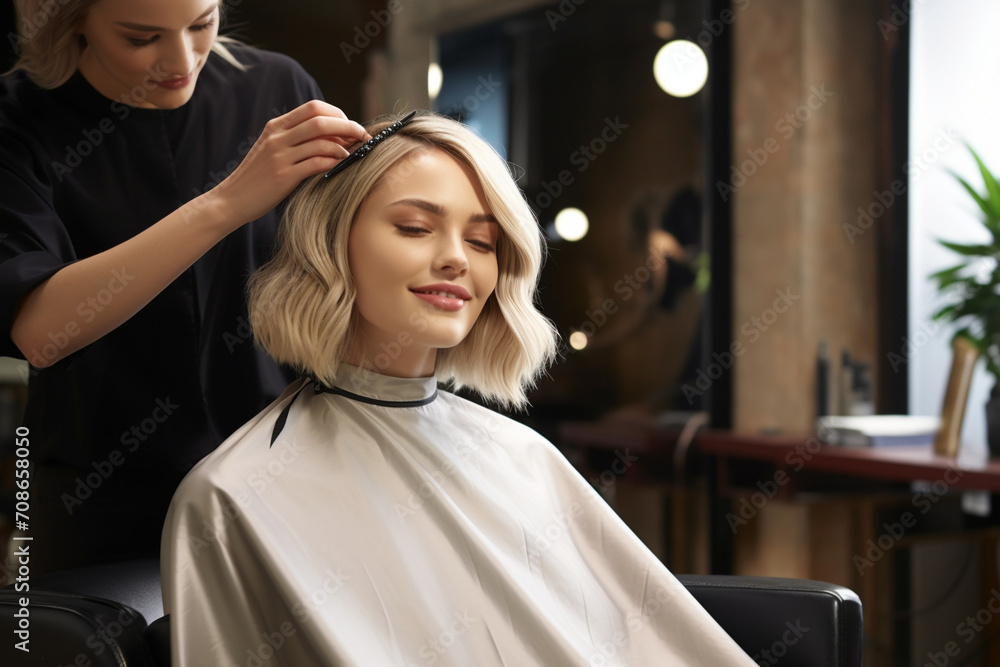 In the salon, a stunning blonde model experiences a makeover – a haircut, hair color change, and stylish transformation. Seated, she converses with the hairstylist, embracing the beauty process.AI In the salon, a stunning blonde model experiences a makeover – a haircut, hair color change, and stylish transformation. Seated, she converses with the hairstylist, embracing the beauty process.AI