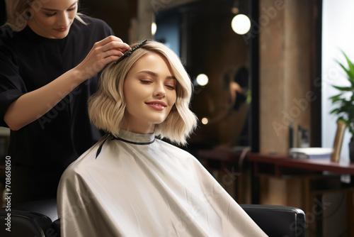 In the salon, a stunning blonde model experiences a makeover – a haircut, hair color change, and stylish transformation. Seated, she converses with the hairstylist, embracing the beauty process.AI