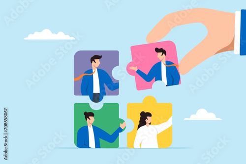 HR businessman hand put new hire to connect jigsaw puzzle in flat design