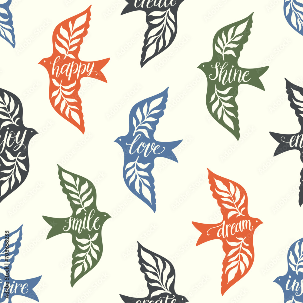 Fototapeta premium Fun birds inspirational words hand lettering seamless pattern. Decorative folk bird seamless texture
