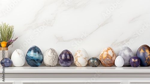 Colorful easter eggs with marble ornaments on white background copy space for text placement