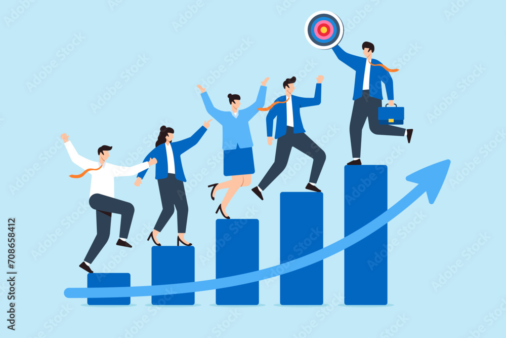 Employee running on growth graph to reach manager target Employee running on growth graph to reach manager target
