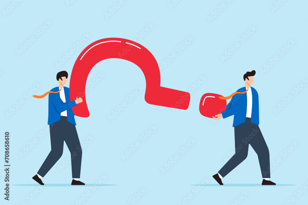 Business people carry big question mark together Business people carry big question mark together
