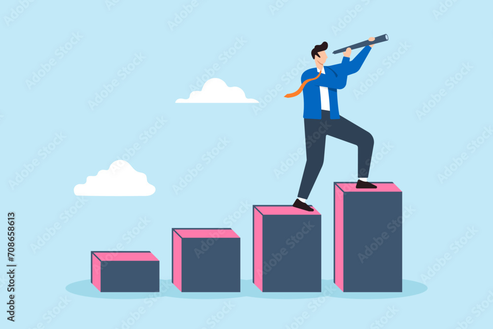 Confident businessman stepping up on growth graph and looking for next goal Confident businessman stepping up on growth graph and looking for next goal
