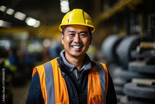 Portrait of a smiling Asian man wearing a hard hat and safety vest in a factory