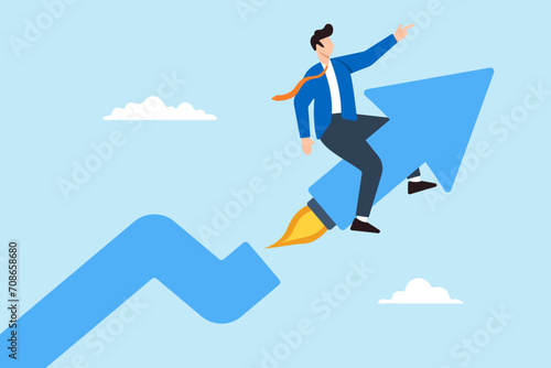 Businessman riding rising arrow with rocket booster