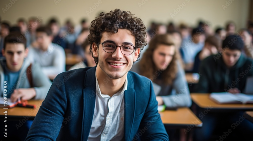 Fototapeta premium Joyful university attendee in class gazing at camera.