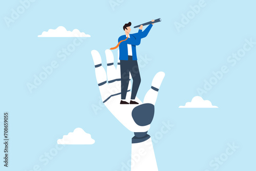 Robot hand help businessman look future with telescope