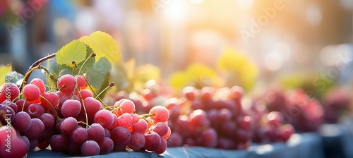 Bright and airy bokeh background with vibrant farmers  market and fresh fruits and beverages