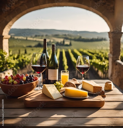 Fototapeta Naklejka Na Ścianę i Meble -  Elegant wine tasting setup in vineyard terrace at sunset. scenic vineyard view. AI