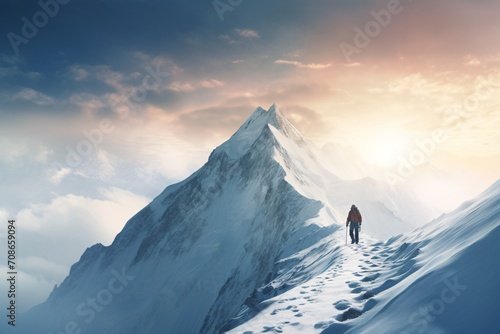 A male climber trekking on snowy mountaintop in a snowstorm during dawn. photo