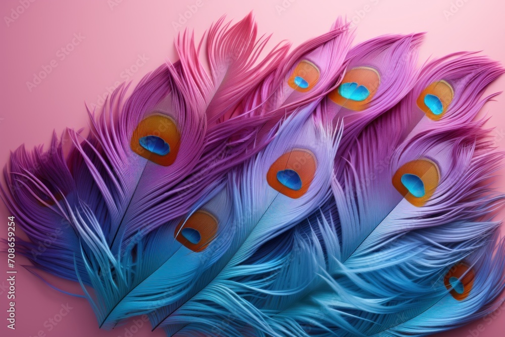 A collection of peacock feathers arranged on a pink surface, displaying a spectrum of colors.