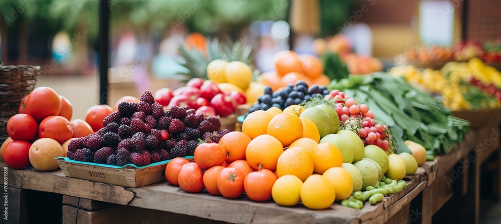 Colorful farmers market with fresh fruits and vibrant beverages against a bokeh background