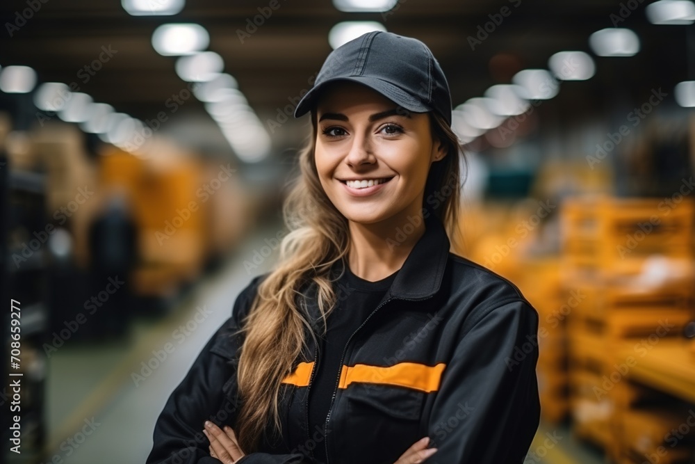 Portrait of a smiling female worker in a warehouse Portrait of a smiling female worker in a warehouse