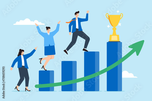 Business people running on growth graph to get award trophy