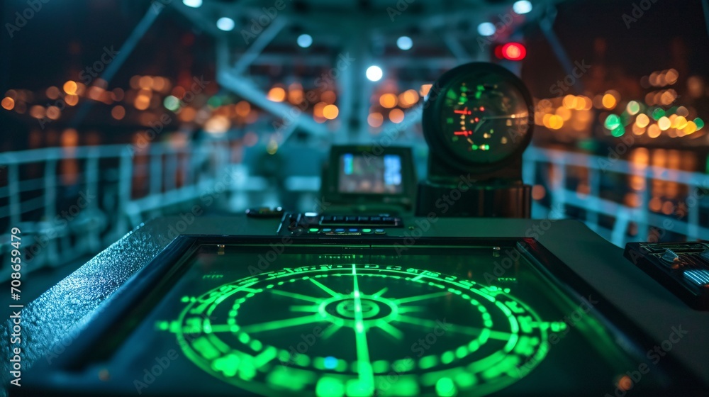 Green radar display on captain's bridge of contemporary vessel. - obrazy, fototapety, plakaty 